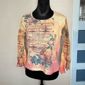 2000s y2k artsy Italy floral graphic sheer flare sleeve top